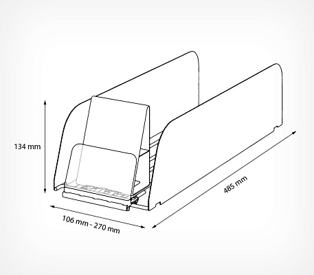 Metal pusher tray L485 inclined  drawing with dimensions