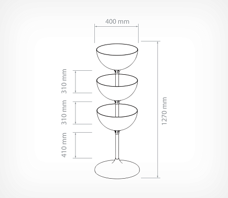 Triple level display with 3 bowls UNIBOWL-TOWER-3 drawing with dimensions
