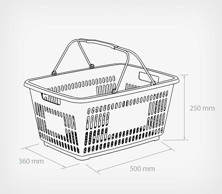 Plastic shopping basket with 2 metal handles, 30 liters SMART drawing with dimensions